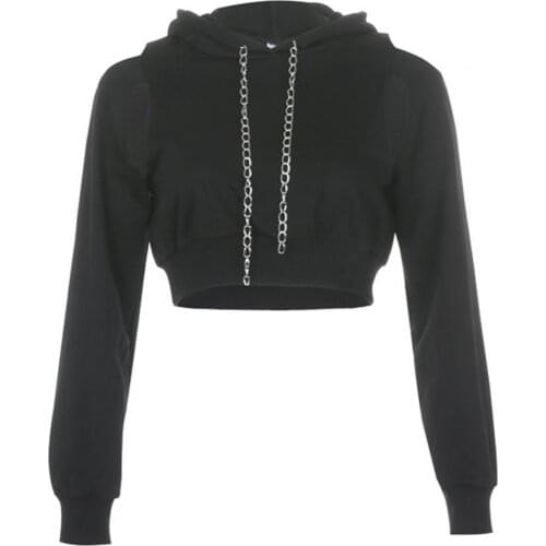 Sexy Women Long Sleeve Cut Out Chain Hoodie Short Sweatshirt Hollow Crop Top