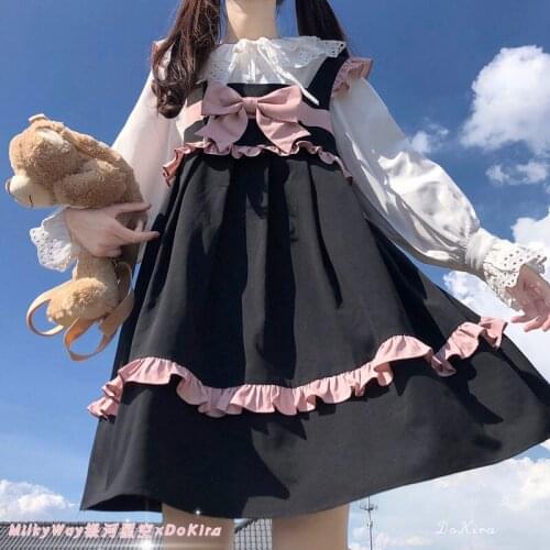 JSK Lolita Dress Black Pink Bowknot Cute Soft Girl Style Tea Party Victorian Princess Vintage Kawaii Baby Doll Dresses For Woman