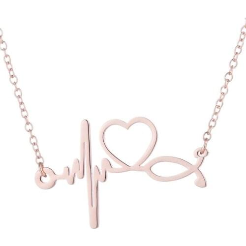Stainless Steel Charm Rose Gold Color Heartbeat&Stethoscope Shaped Pendant Necklace Valentines' Heart Necklace for Women