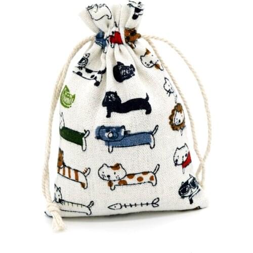Different Cat Printed Linen Bags 10pcs/lot 10x14cm Drawstring Cotton Bags Pouches for Candy Beads Jewelry Packaging Bags Pouches