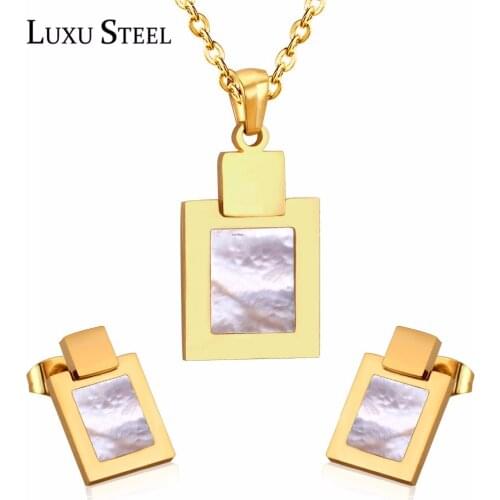 LUXUSTEEL jewellery set Stainless Steel Square Shell Pendant Necklace Earrings Brinco Party Gold Color Choker Necklace Wedding