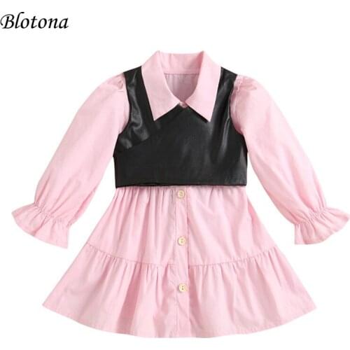 Blotona Little Girls Spring Fall Solid Color Clothes, Long Sleeve Lapel Neck Shirt Dress with Ruffle + PU Leather Vest,18M-6Y