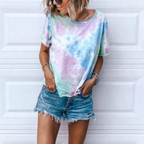 Womens Summer Round Neck Tie-Dye Printed Short-Sleeved T-Shirt Top Blue L Size