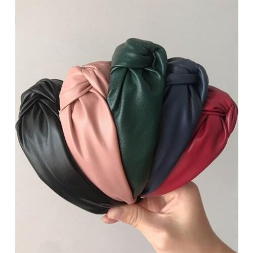 Haimeikang Womens Bezel Head Hoop Korean Fashion PU leather Knotted Headband Solid Color Wide-brimmed Shiny Hair Accessories