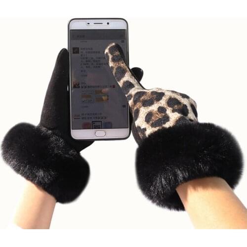 Female Touch Screen Leopard Pattern Ski Gloves Winter Women Warm Cashmere Full Finger Imitation Rabbit Fur Cuffs Gloves D69