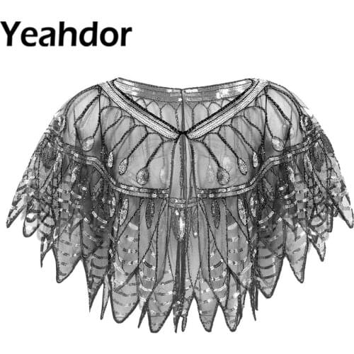 Womens Mesh See Through 1920s Retro Bolero Sequin Beaded Evening Shawl Wraps Flapper For Woman Banquet Party Dress Cape Cover Up