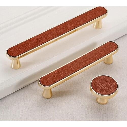 Gold Leather Door Handles And Knobs For Cabinet Kitchen Cupboard Zinc Alloy Furniture Handles Dresser Drawer Pulls Hardware