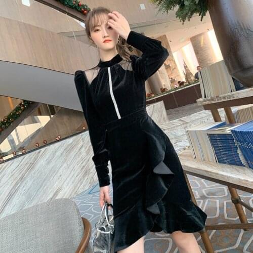 2020 New Europe Style Sheer Ruffle Dress Women Mesh Patchwork Black Velvet Dress Ladies Streetwear Midi Dress Women Elegant Robe