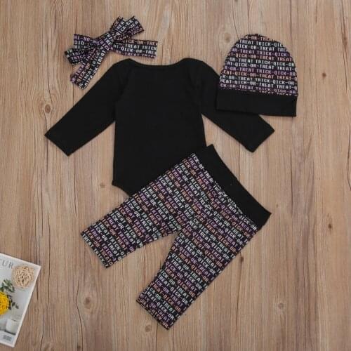 2020 Baby Holloween Clothes Sets Newborn Babies Boys Girls Cotton Bodysuit Top Long Pants Hats Headband 4Pcs Infant Baby Outfits