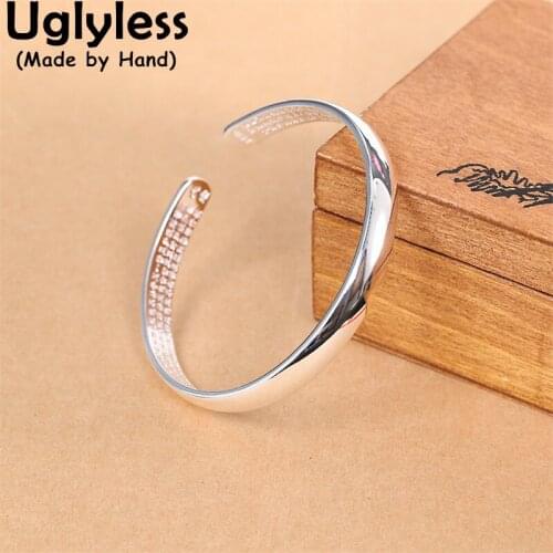 Uglyless Shinny Glossy Silver Bangles for Female Buddhists 100% 999 Pure Silver Heart Sutra Buddhism Jewelry for Women Bijoux