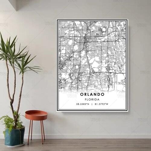 Black and White World City Map USA ORLANDO Wall Art Canvas Poster Prints Nordic Style Paintings Picture for Living Room