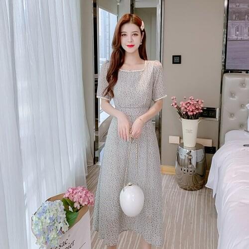 COIGARSAM Cute Floral Print Women Long dress New Summer Vintage Chiffon Short Sleeve Square Collar Dresses Blue-gray 678