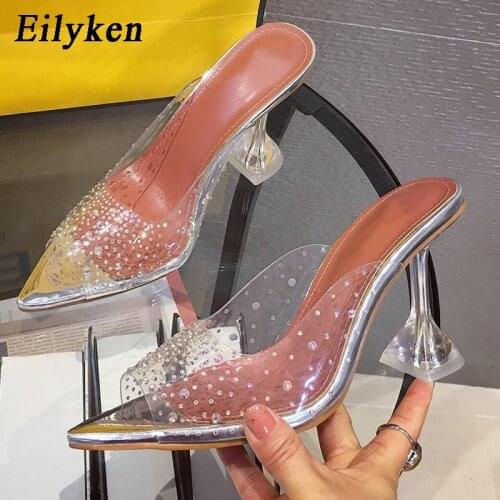 Eilyken Fashion PVC Transparent Rhinestones Women Pumps Sexy Clear Perspex Crystal Spike Heel Slippers Shallow Peep Toe Sandals