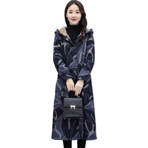 Elegant Lady Winter NewPop Overcoat Retro Literary Folk Style Long Printed Woolen Coat Plush Thick Warm Hooded Women Coats G232