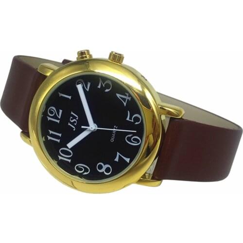 French Talking Watch with Alarm Function, Talking Date and time, Black Dial, Brown Leather Band, Golden Case TAF-606