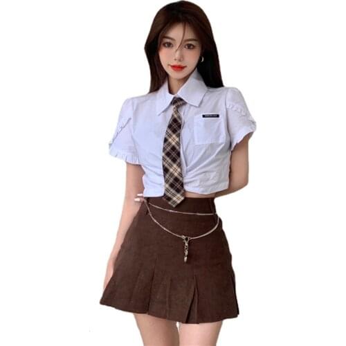 Sweet Girl 2 Piece Japanese JK Mini Skirt Sets Student Tie White Shirt Crop Top&High Waist A Line Mini Skirt 2pc Dress Outfits