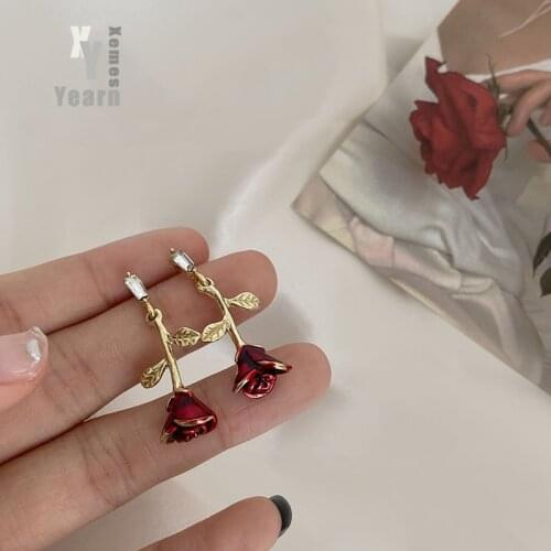2021 New Sexy Red Rose Flower Drop Earrings For Woman Young Girls Sweet Jewelry Korean Fashion Accessories Gift For Girlfriend