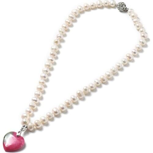 8-9 MM Freshwater Natural pearl Necklace Has 25*24*6 MM Pink and grey Heart-shaped Pendant add Pure white small Pearl Beads