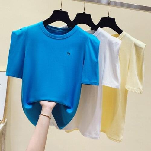 Casual Women T-Shirt Half Sleeve Korean Style Slim Basic Cotton Modal Tshirt Blue Top Womens Clothing Summer T Shirt Femme 2021