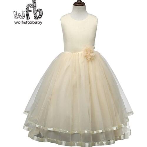Retail 4-14 years sleeveless girl dress pure color flower princess summer