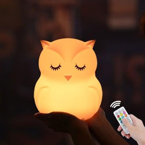 C2 Owl LED Night Light Touch Sensor Remote Control 9 Color Dimmable USB Rechargeable Silicone Bedside Lamp for Children Baby Kid