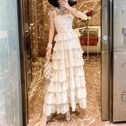 High End White Dress Women Holiday Vacation Beach Dress 2020 Boho Chic Sexy Straps Bows Ruffles Cake Layers Ball Gown Long Dress