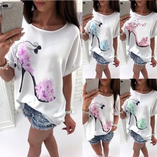 Plus Size 3XL Female Short Sleeve High Heels Printed Tops girl Casual Loose T-Shirt Womens high heel printed T-shirt mujer moda