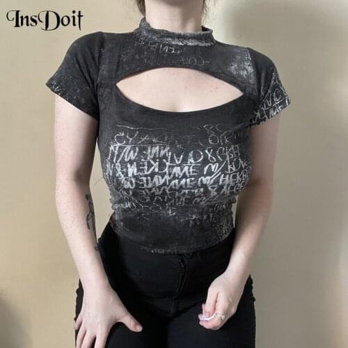 InsDoit Gothic Sexy Hollow Out Women T Shirts Harajuku Streetwear Black Letter Print Short Sleeve Top Women Fashion Basic Tops
