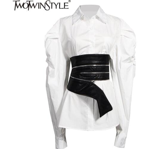 TWOTWINSTYLE Casual Two Piece Set For Women Lapel Puff Sleeve Shirt PU Leather Patchwork Zipper Belt Female Sets 2020 Fall Tide