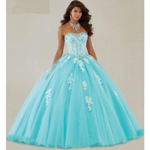 Vestidos de quinceañera 2020 sweet 16 dresses Turquoise Cheap Gown White Lace Debutante Crystal Floor Length Quinceanera Dresses