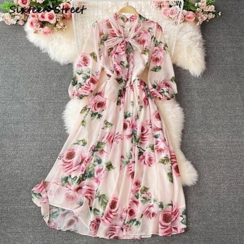 Maxi Dresses for Women Autumn Bow Rose Print Korean Sexy Y2k Vestido De Mujer Long Sleeve Dress Vintage Clothing Women Luxury