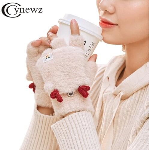 Winter Women Gloves Fingerless Keep Warm Soft Wool Cute Lady Mittens Christmas Deer Fashion Female Flip Cover Half Finger Gloves
