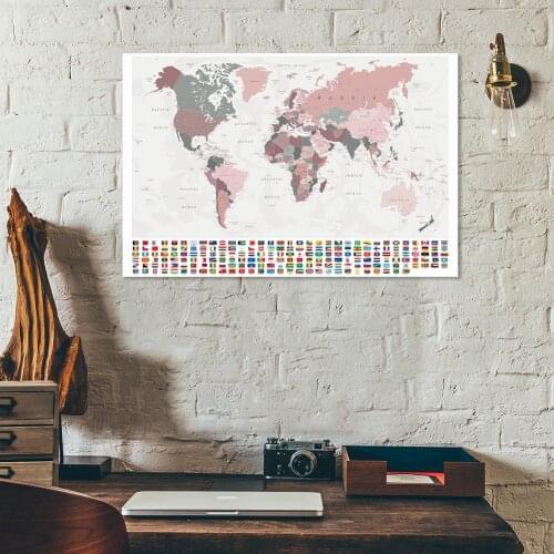 150*100cm Retro Political Map of The World with National Flags Canvas Painting Wall Art Poster School Supplies Home Decor
