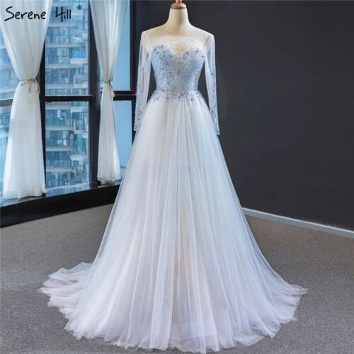 2020 Lighe Blue Long Sleeves Prom Dresses O-Neck Beading Sequined Prom Party GownsLong Serene Hill HM66967