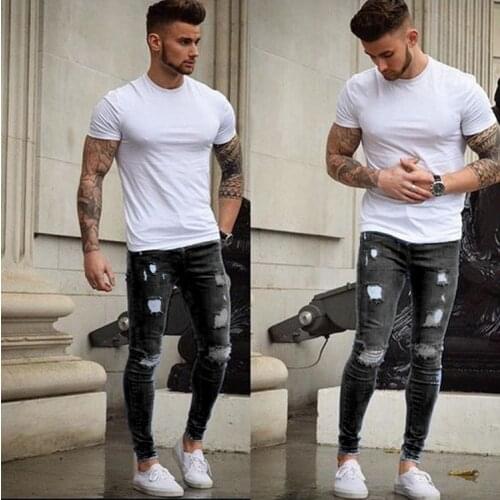 2021 Fashion Men Solid Ripped Skinny Biker Zipper Fly Jeans Destroyed Hole Frayed Slim Fit Denim Pencil Pants