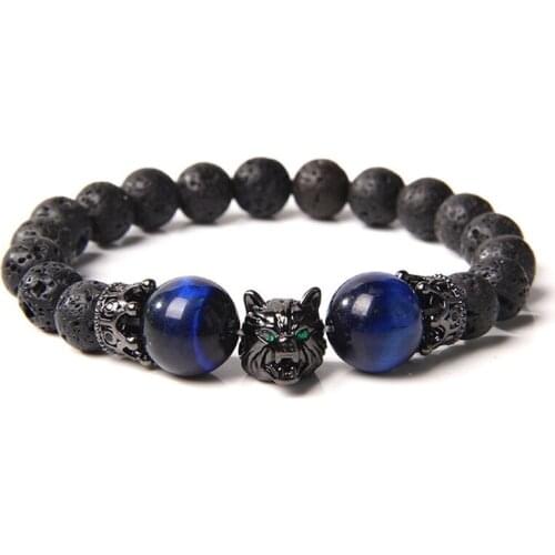 2021 Natural Black Lava Bracelet Wolf Charm Bracelet Brave Tiger Eye Bracelet Ladies Elastic Jewelry Pulsera Armband