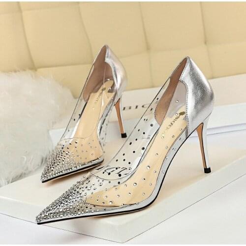 2021 spring fashion sexy stilettos shallow pointed transparent wedding shoes rhinestone party dress womens single shoes