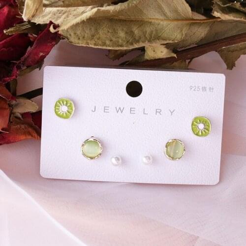 3 Pairs Wholesale Korean 925 Silver Earrings серьги for Women Vintage Jewelry Boho Green Leaf Stud Earrings boucle oreille femme