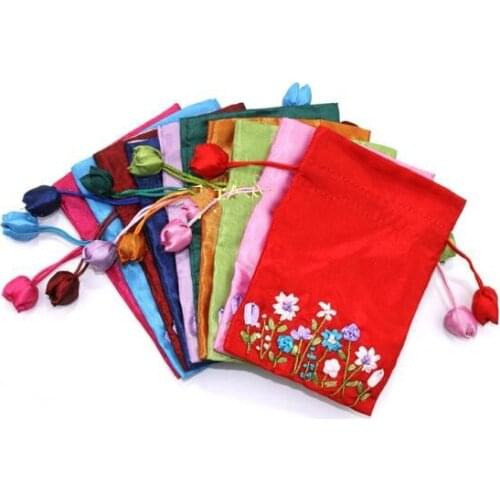 Hand Ribbon Embroidery Small Cloth Gift Bag Wedding Party Drawstring Pouch Jewelry Packing Bags Fabric Favor Bags 100pcs/lot