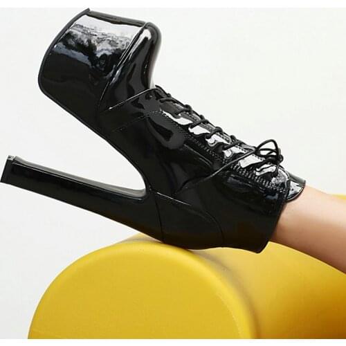 Fashion Patent Leather Lady Mid Calf Boots Spring Autumn Platform Sexy Super High Heel Women Shoes Winter Cross Tied Short Boots