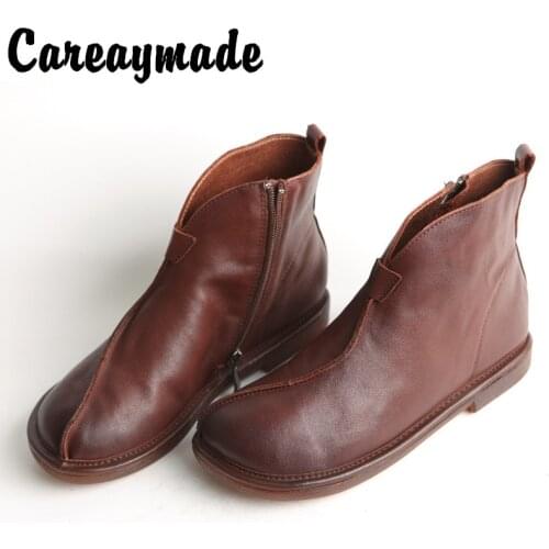 Careaymade-Spring new national style Retro Leather hand-made soft flat bottom side zipper short boots net red womens Boots