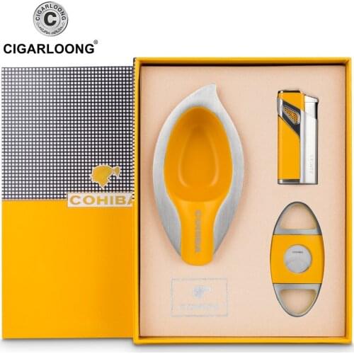 Cohiba metal cigar ashtray set Cigar lighter cigar knife cutter black yellow red color gift set box CL-TZ-9