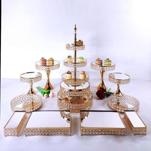 7-14pcs Crystal Metal Cake Stand Set Acrylic Mirror Cupcake Decorations Dessert Pedestal Wedding Party Display Tray