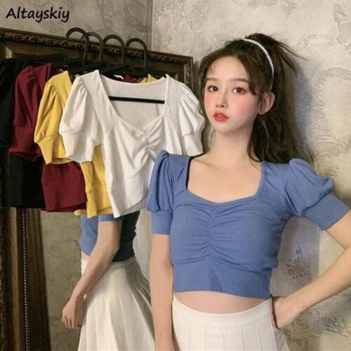 Summer T-shirts Women Slim Puff Sleeve Temperament Sexy Crop Tops College Elastic Soft Leisure All-match Kawaii Female Clothing