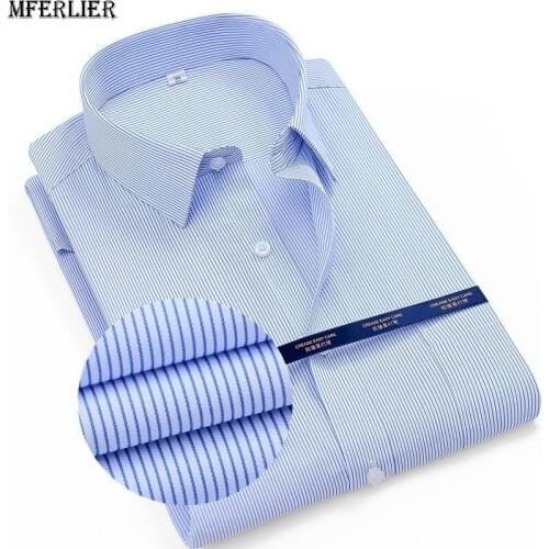 Summer men plus size short sleeve shirts striped 8XL 9XL 10XL man oversize shirt Business formal office cotton blue shirt 68 70