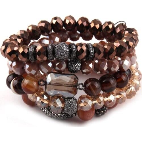 MOODPC Fashion Energy Bracelets Beautiful Brown Women Bracelet Set Natural Stone & Glass Crystal Pave Bracelet