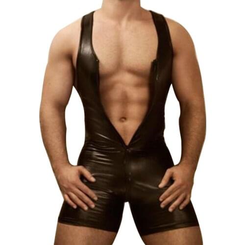 Mens Jockstrap Bodysuits Sexy Patent Leather Zipper Men Bodysuit Siamese Vest Nightclub Stage Performance Costume