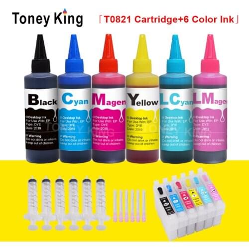 Toney King 6×100ml Printer Ink Refill Kits + T0821-T0826 Dye Ink Cartridges For Epson Stylus Photo T50 R290 R295 R390 RX590