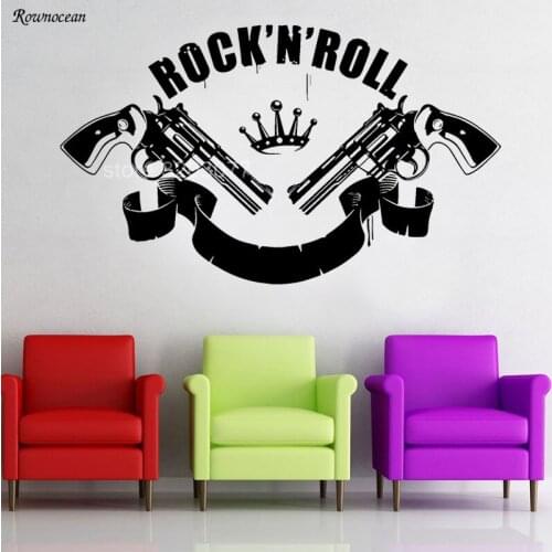 Rock'n'Roll Music Crown Guns Revolvers Rock Wall Sticker Vinyl Home Decor Living Room Decals Removable Poster Wallpaper GU32
