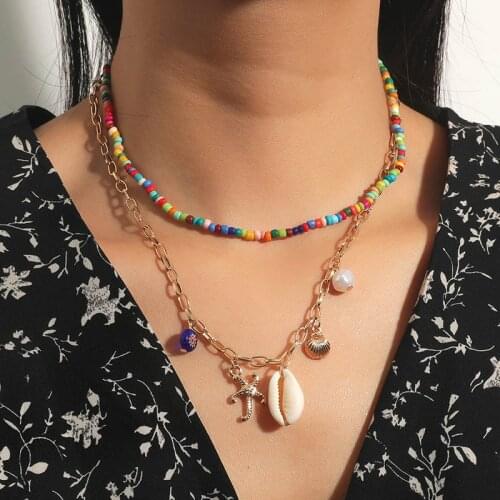 2 Pcs/Set Bohemian Multicolor Glass Beads Handmade Beaded Necklace For Women Gold Metal Chain Shell Starfish Pendants Necklaces